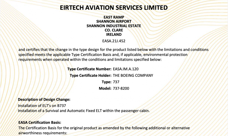 Eirtech Awarded Second ELT STC on B737-8200